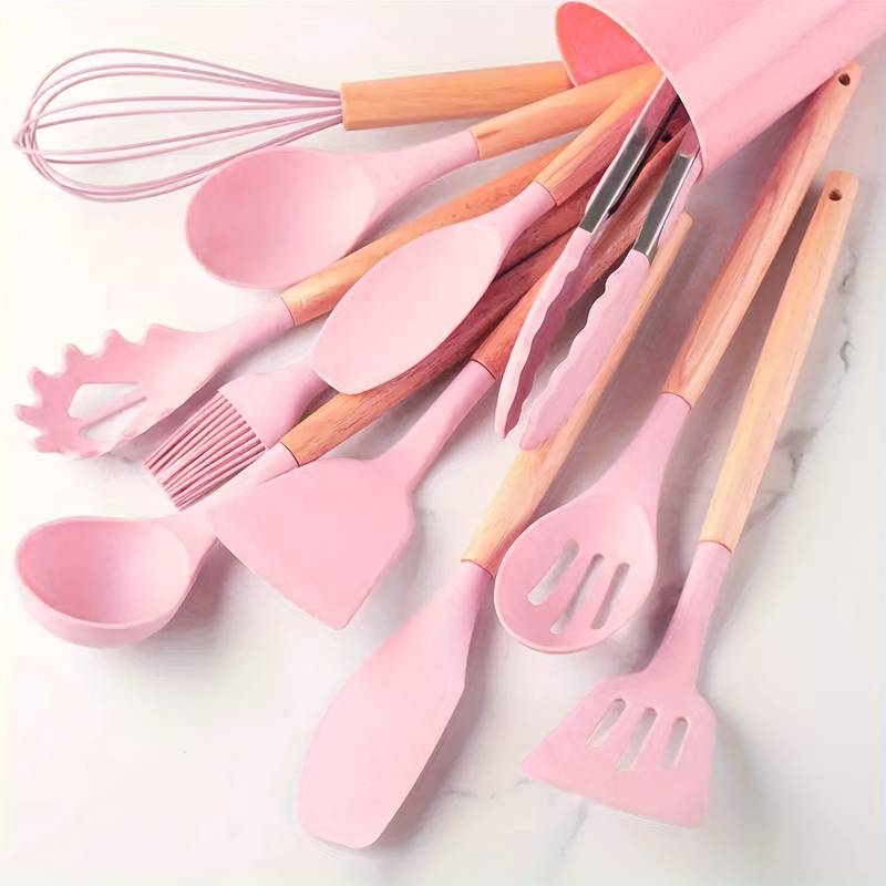 12-Piece Silicone Cooking Utensil Set with Wood Handles Heat Resistant Kitchen Tools for Nonstick Cookware Home Chef Spatula Spoon Whisk