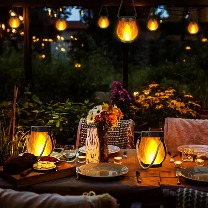 Rechargeable LED Flame Lantern with Solar Panel & Rope Handle for Patio Camping Outdoor Garden Decoration