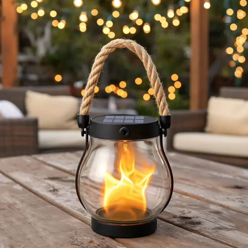 Rechargeable LED Flame Lantern with Solar Panel & Rope Handle for Patio Camping Outdoor Garden Decoration