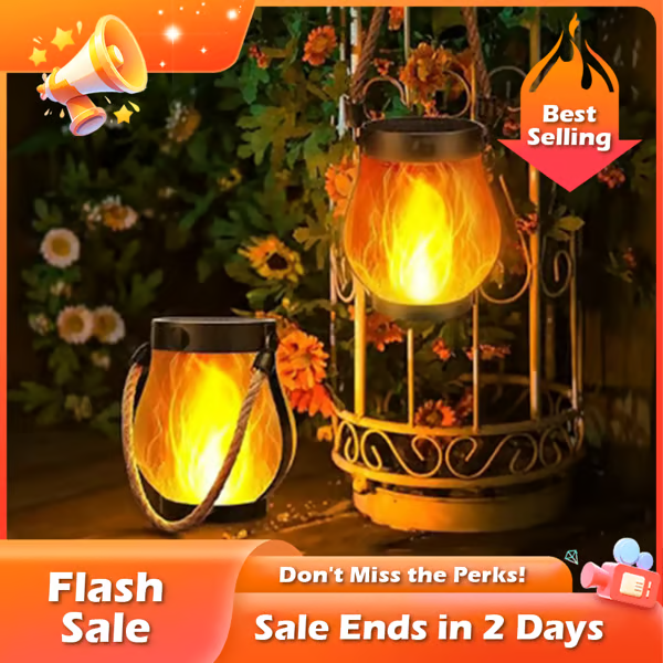 Rechargeable LED Flame Lantern with Solar Panel & Rope Handle for Patio Camping Outdoor Garden Decoration