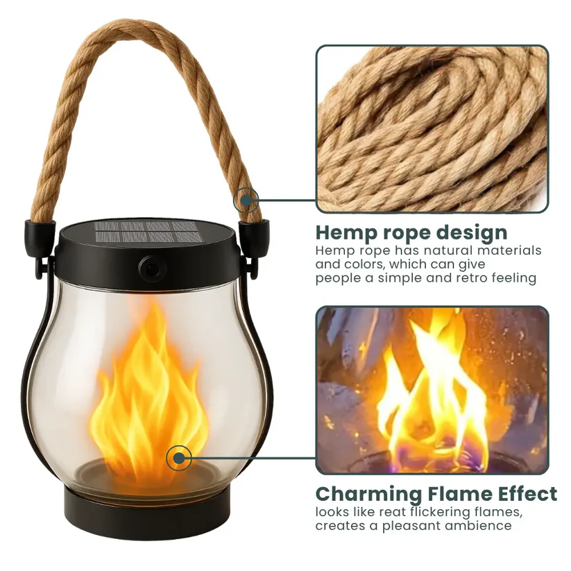 Rechargeable LED Flame Lantern with Solar Panel & Rope Handle for Patio Camping Outdoor Garden Decoration