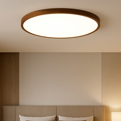 Wooden Flush Mount Ceiling Light Fixture – Natural Dark Grain Round LED Ceiling Lamp for Living Room Dining Room – Scandinavian Nordic