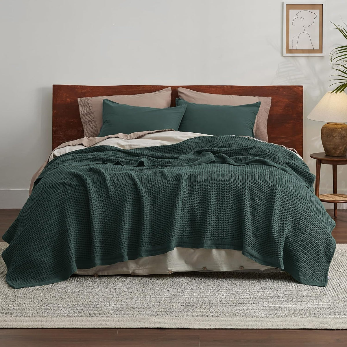 100% Cotton Waffle Weave Throw Blanket Queen King Breathable Lightweight Bed Cover for All Seasons Couch Sofa Bedroom Layering Textured