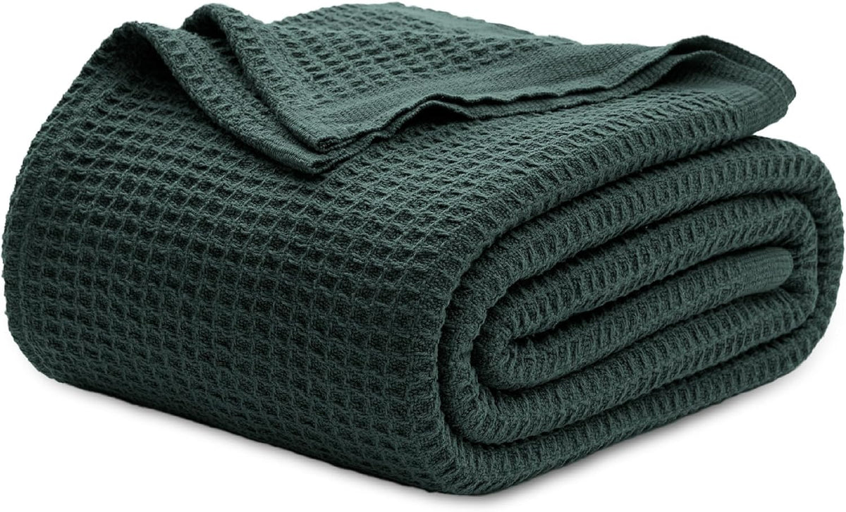 Cotton Throw Blanket for Bed, Waffle Weave Queen Size Blanket for All Seasons, Soft Breathable Cotton Blanket for Couch