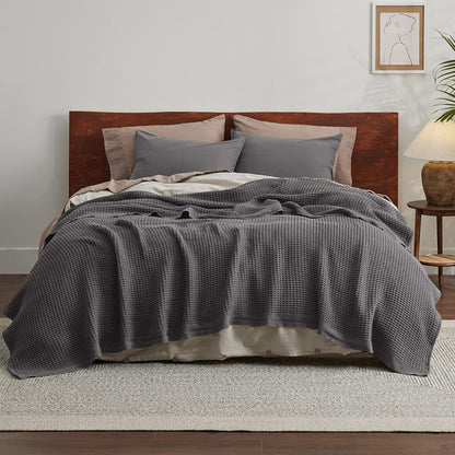 Cotton Throw Blanket for Bed, Waffle Weave Queen Size Blanket for All Seasons, Soft Breathable Cotton Blanket for Couch