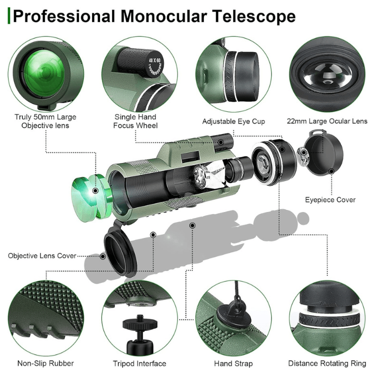 Pocket Monocular Telescope 60x Zoom HD Optics for Wildlife Watching Hiking Concerts Sporting Events Compact Lightweight Phone Camera Adapter