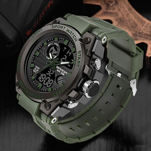 Tactical Sports Watch Dual Time Zone Analog Digital Display with Alarm Stopwatch LED Backlight for Men Outdoor Training Adventure Travel Eve