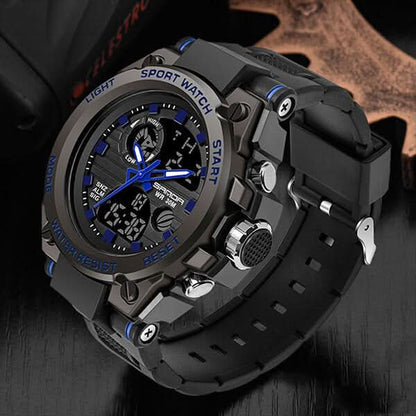 Tactical Men's Watch Dual Time Analog Digital Display Stopwatch Alarm LED Backlight Calendar Stainless Steel Case Silicone Band Shock
