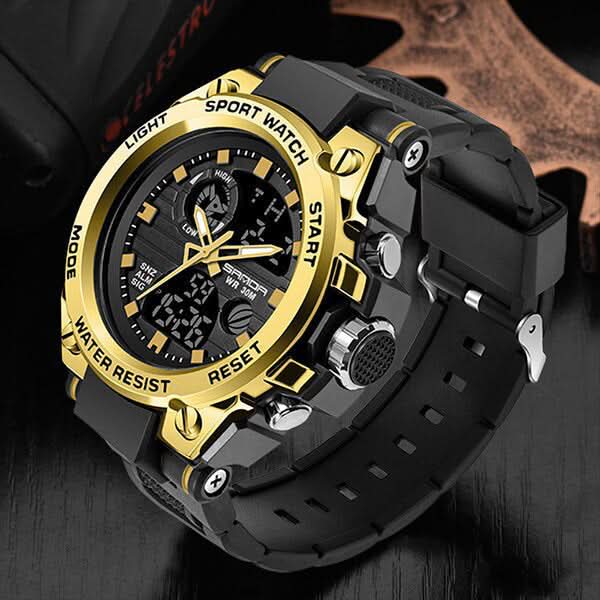 Tactical Men's Watch Dual Time Analog Digital Display Stopwatch Alarm LED Backlight Calendar Stainless Steel Case Silicone Band Shock