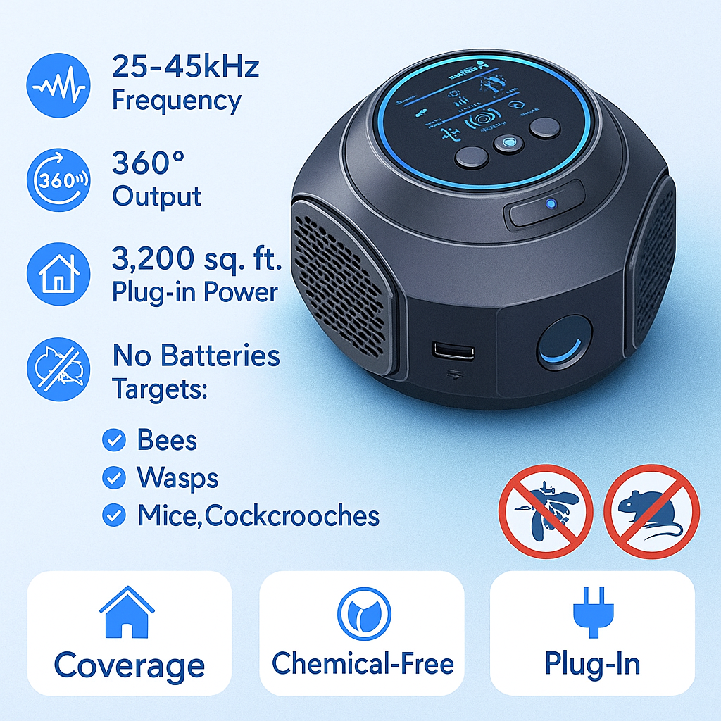 Ultrasonic Insect Repeller for Flying Pests | Plug-In Deterrent for Stinging Insects & Wood-Boring Bugs | Chemical-Free Home Defense
