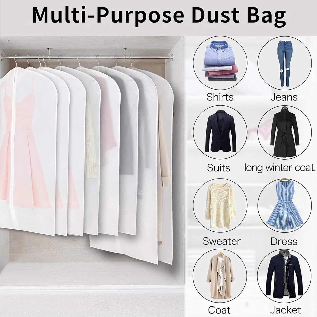 Hanging Garment Covers for Closet Storage Suits Dresses Jackets 12-Pack Zippered See-Through Suit Protectors Breathable Waterproof