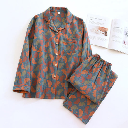 Women's Cotton Pajama Set with Buttons – Ginkgo Leaf Print Sleepwear Top & Pants for Lounging & Sleep