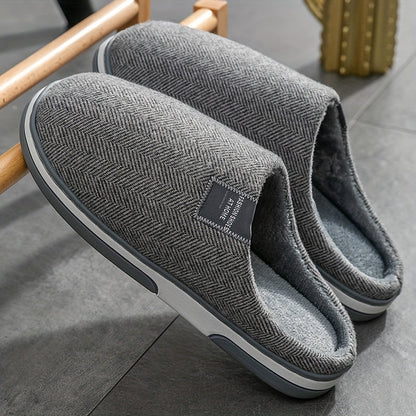 Men's Plush Herringbone Slippers – Warm Indoor House Shoes with Non-Slip Grip for Fall & Winter