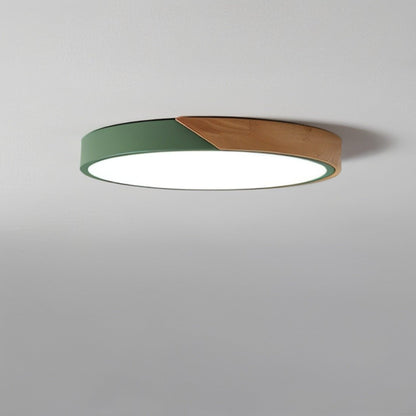 Flush Mount LED Fixture Wood & Metal Round Disc Overhead Lighting for Bedroom Office Living Space Contemporary Home