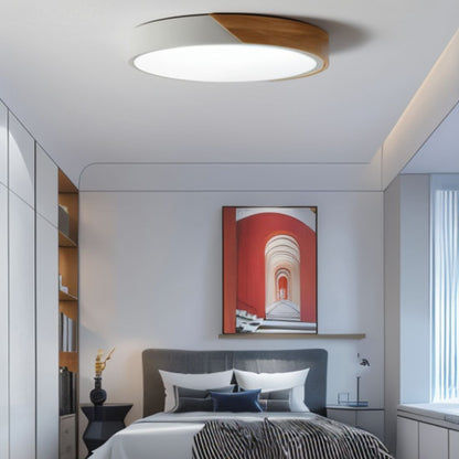 LED Flush Mount Fixture with Wood Accent 16 in Round for Bedroom Office Living Room Contemporary Low Profile Overhead Lamp Natural Finish In