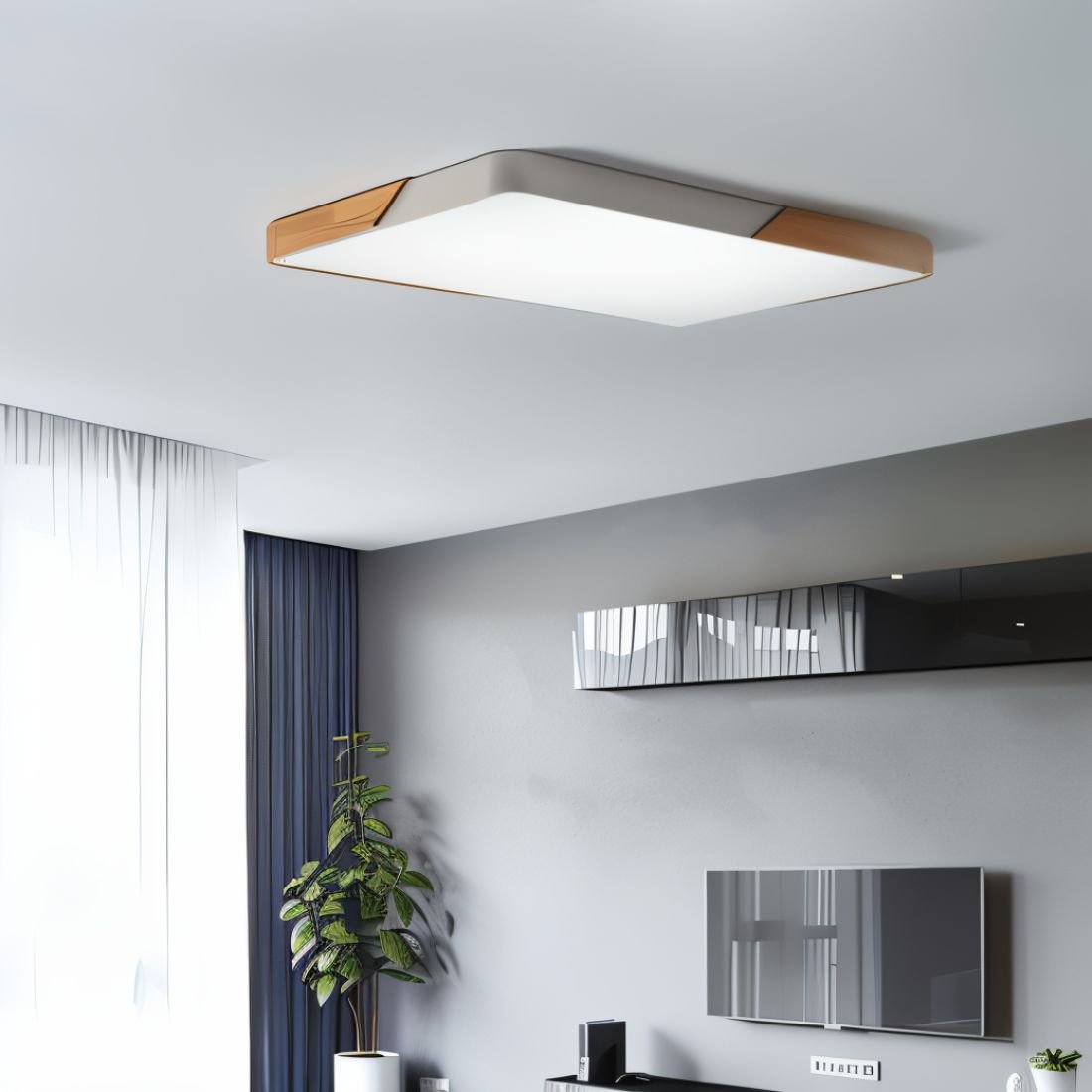 Flush Mount LED Fixture Wood & Metal Round Disc Overhead Lighting for Bedroom Office Living Space Contemporary Home