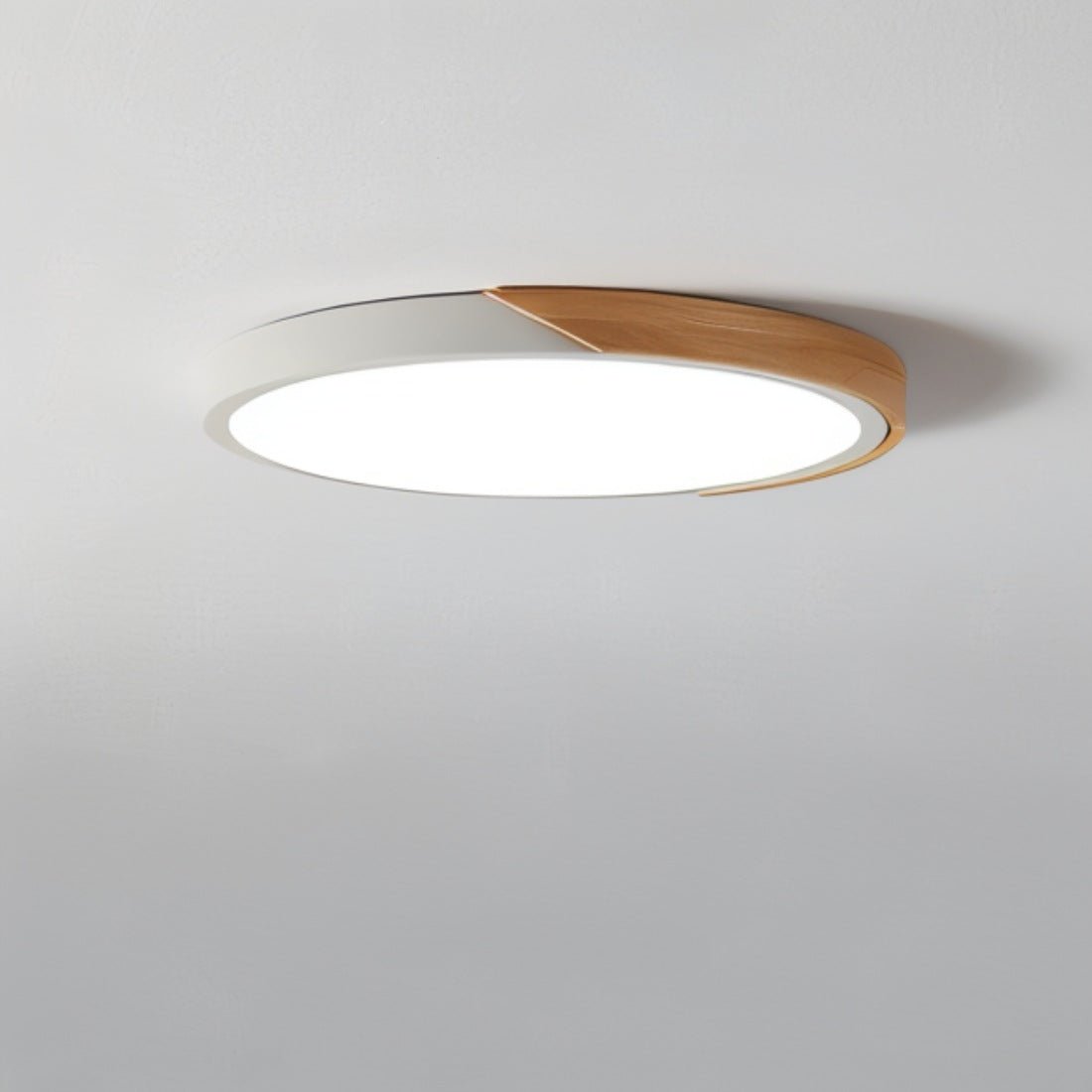 Flush Mount LED Fixture Wood & Metal Round Disc Overhead Lighting for Bedroom Office Living Space Contemporary Home