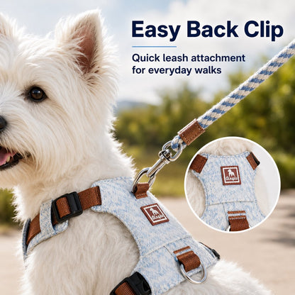 Ortekor Vintage Denim No-Pull Dog Harness &5 ft Rope Leash Set - Soft Adjustable Vest for Everyday Walks, Better Control & Low-Light Visibility