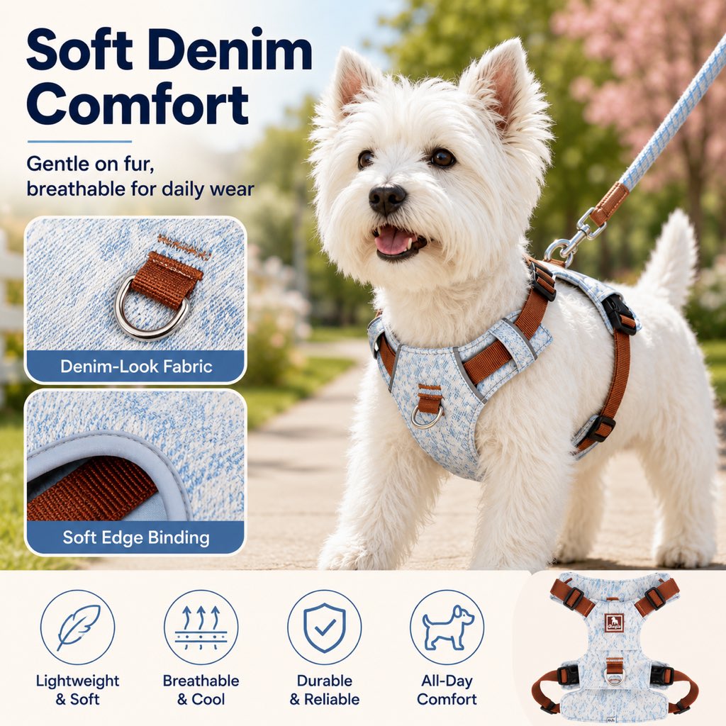 Ortekor Vintage Denim No-Pull Dog Harness &5 ft Rope Leash Set - Soft Adjustable Vest for Everyday Walks, Better Control & Low-Light Visibility