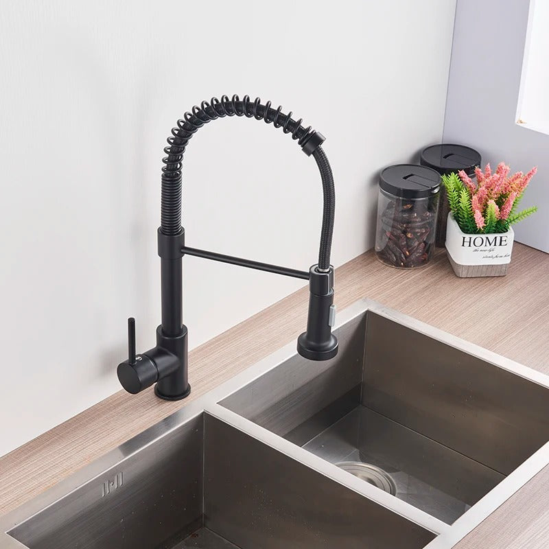 Brass Single-Hole Faucet with Rotating Spout & Detachable Spray Nozzle for Contemporary Kitchens & Dual-Basin Prep Areas
