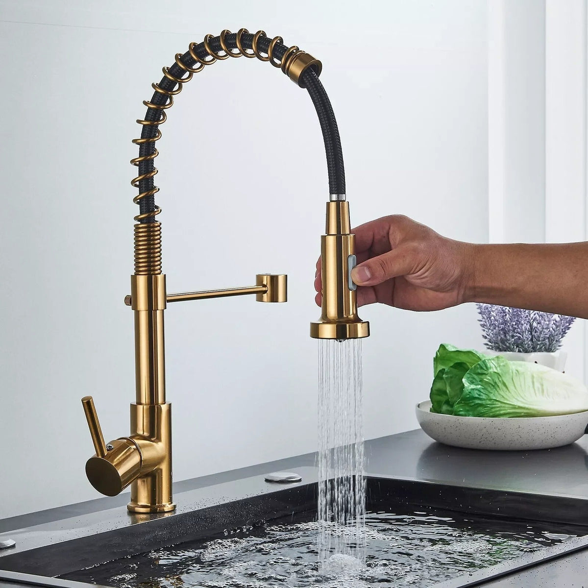 Brass Single-Hole Faucet with Rotating Spout & Detachable Spray Nozzle for Contemporary Kitchens & Dual-Basin Prep Areas