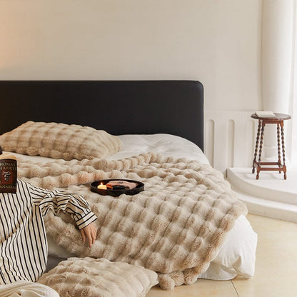 Plush Synthetic Fur Throw Blanket in Neutral Tones for Sofa, Bed, Living Room, and Bedroom
