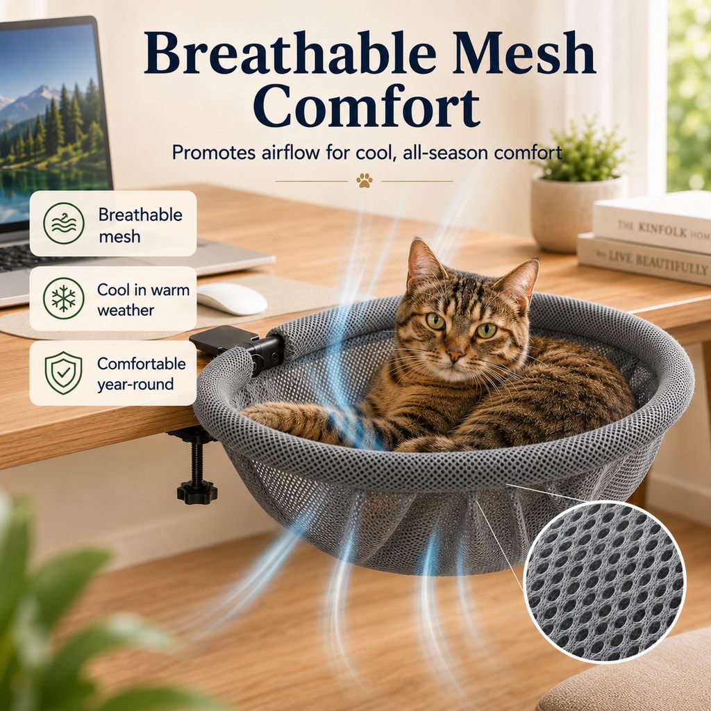 Ortekor Desk-Mounted Cat Bed for Home Offices - Space-Saving Clamp-On Cat Hammock