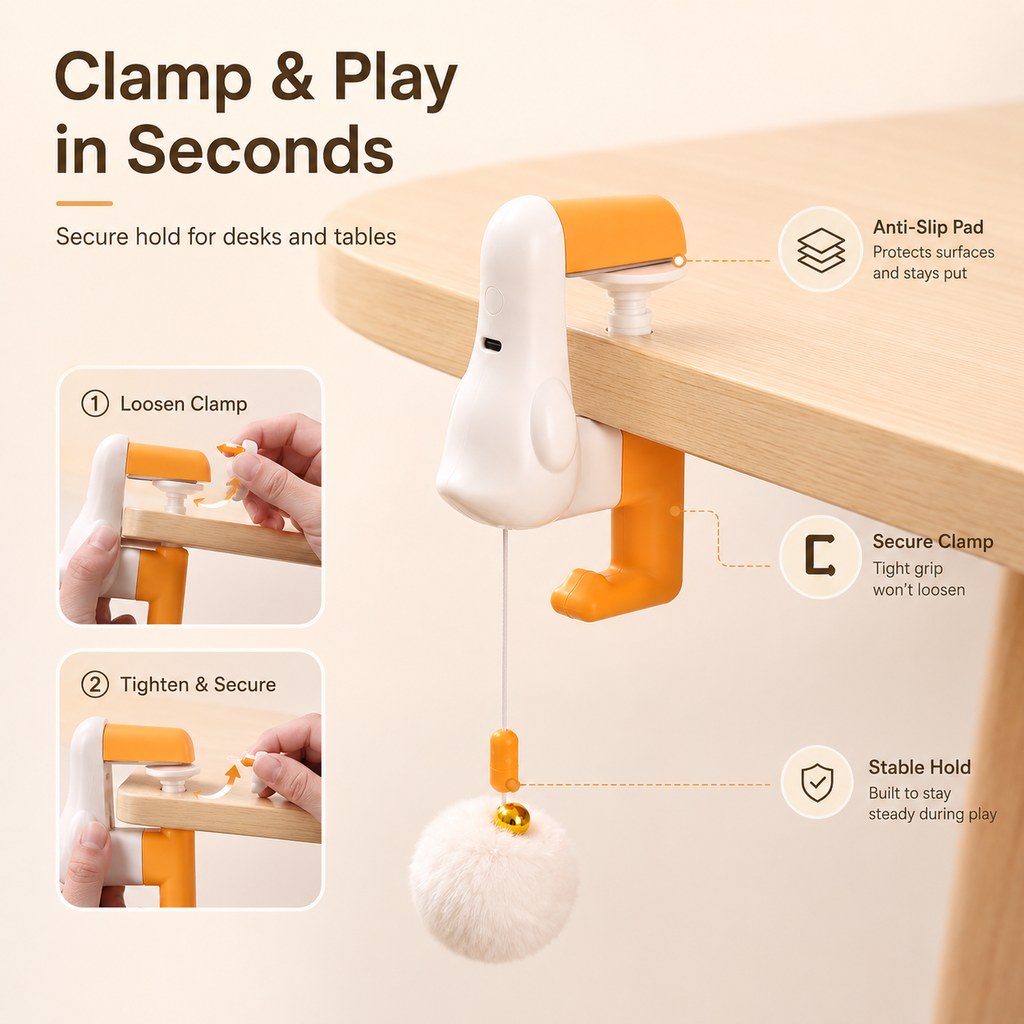 Ortekor Desk Clamp Automatic Cat Teaser Toy - Keep Indoor Cats Busy While You Work