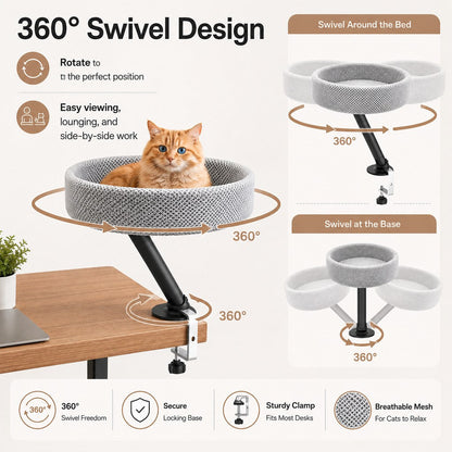 Ortekor Desk Mounted Cat Bed Perch for Home Office - Space Saving Elevated Cat Lounger with Soft Breathable Fabric for Cats to Relax Beside Your Workspace