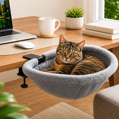 Ortekor Desk-Mounted Cat Bed for Home Offices - Space-Saving Clamp-On Cat Hammock