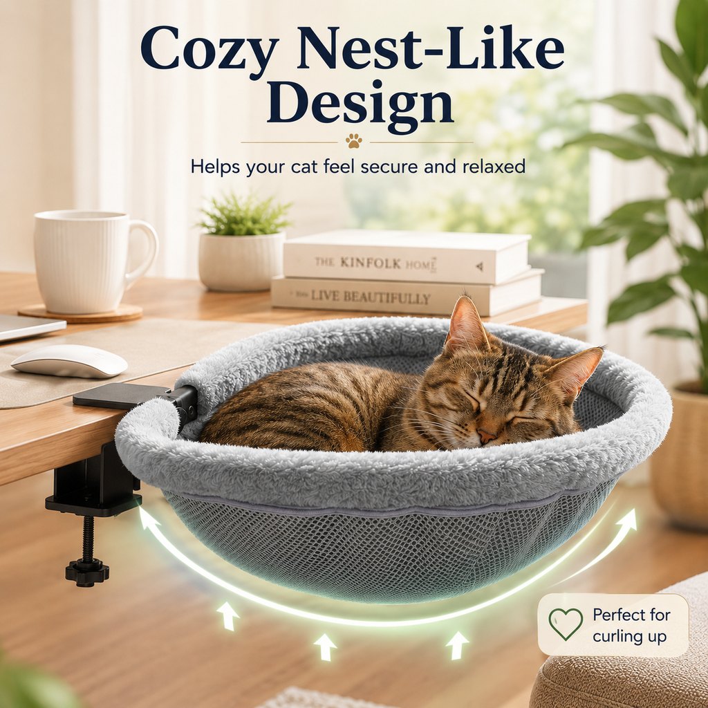 Ortekor Desk-Mounted Cat Bed for Home Offices - Space-Saving Clamp-On Cat Hammock