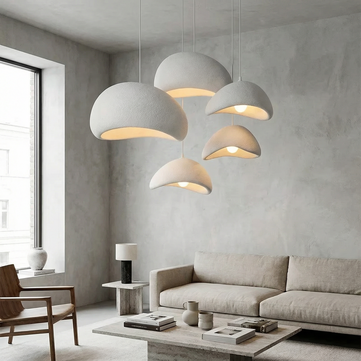 Stone-Look Dome Pendant Light Fixture in White & Gray – Organic Textured Ceiling Light for Kitchen Island Dining Room Bedroom – Modern Scand