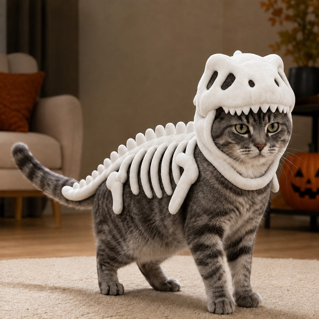 Ortekor Plush Dinosaur Skeleton Pet Costume for Cats & Dogs - Face-Open Halloween Outfit for Parties & Photos