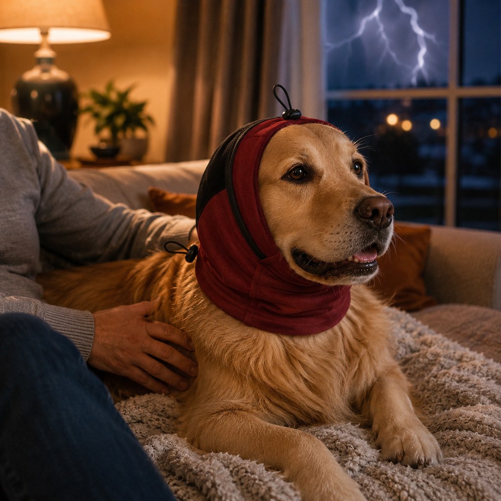 Ortekor Adjustable Dog Calming Hoodie Ear Wrap for Fireworks, Thunderstorms & Grooming - Helps Soften Sudden Sounds with a Secure Fit