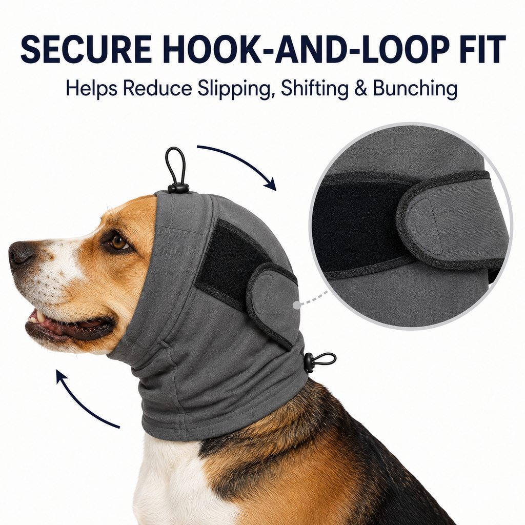 Ortekor Adjustable Dog Calming Hoodie Ear Wrap for Fireworks, Thunderstorms & Grooming - Helps Soften Sudden Sounds with a Secure Fit