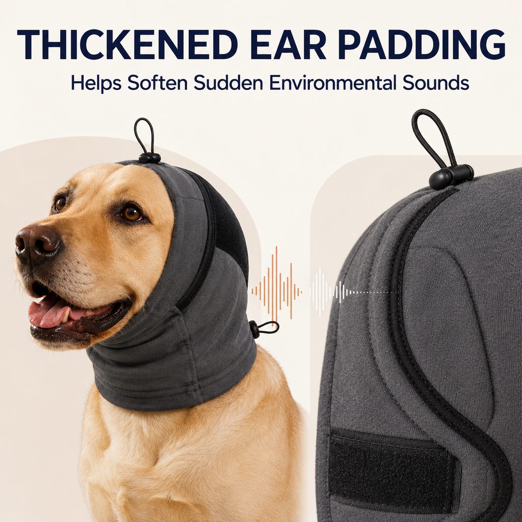 Ortekor Adjustable Dog Calming Hoodie Ear Wrap for Fireworks, Thunderstorms & Grooming - Helps Soften Sudden Sounds with a Secure Fit