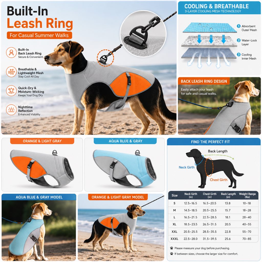 Ortekor Dog Cooling Vest for Summer Walks - Wet-to-Cool Lightweight Jacket with Leash Ring for Hot Weather Outdoor Comfort