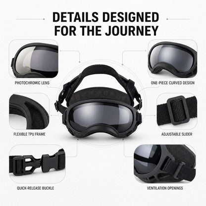 Ortekor Photochromic Dog Goggles for Hiking & Car Rides - Adjustable Wind, Dust & Debris Coverage
