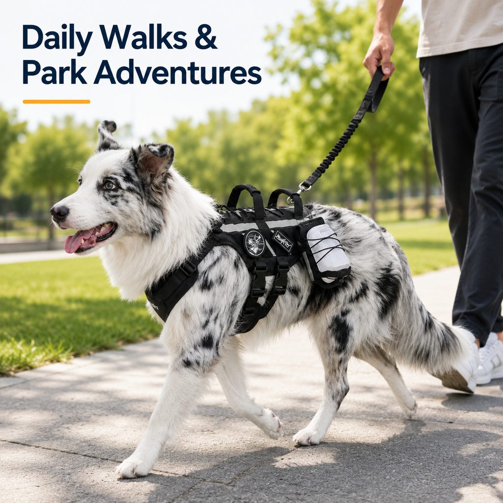 Ortekor Outdoor Dog Harness & Bungee Leash Set with Dual Handles, Storage Pouch & Patch Accessories for Hiking, Walking and Everyday Adventures