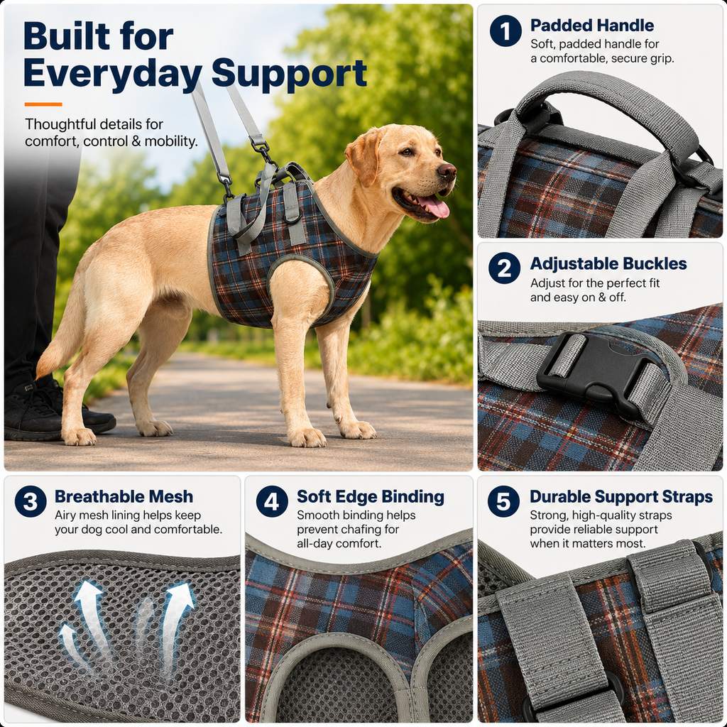 Ortekor Dog Mobility Support Harness for Stairs & Cars - Front or Rear Lift Assist for Weak Legs