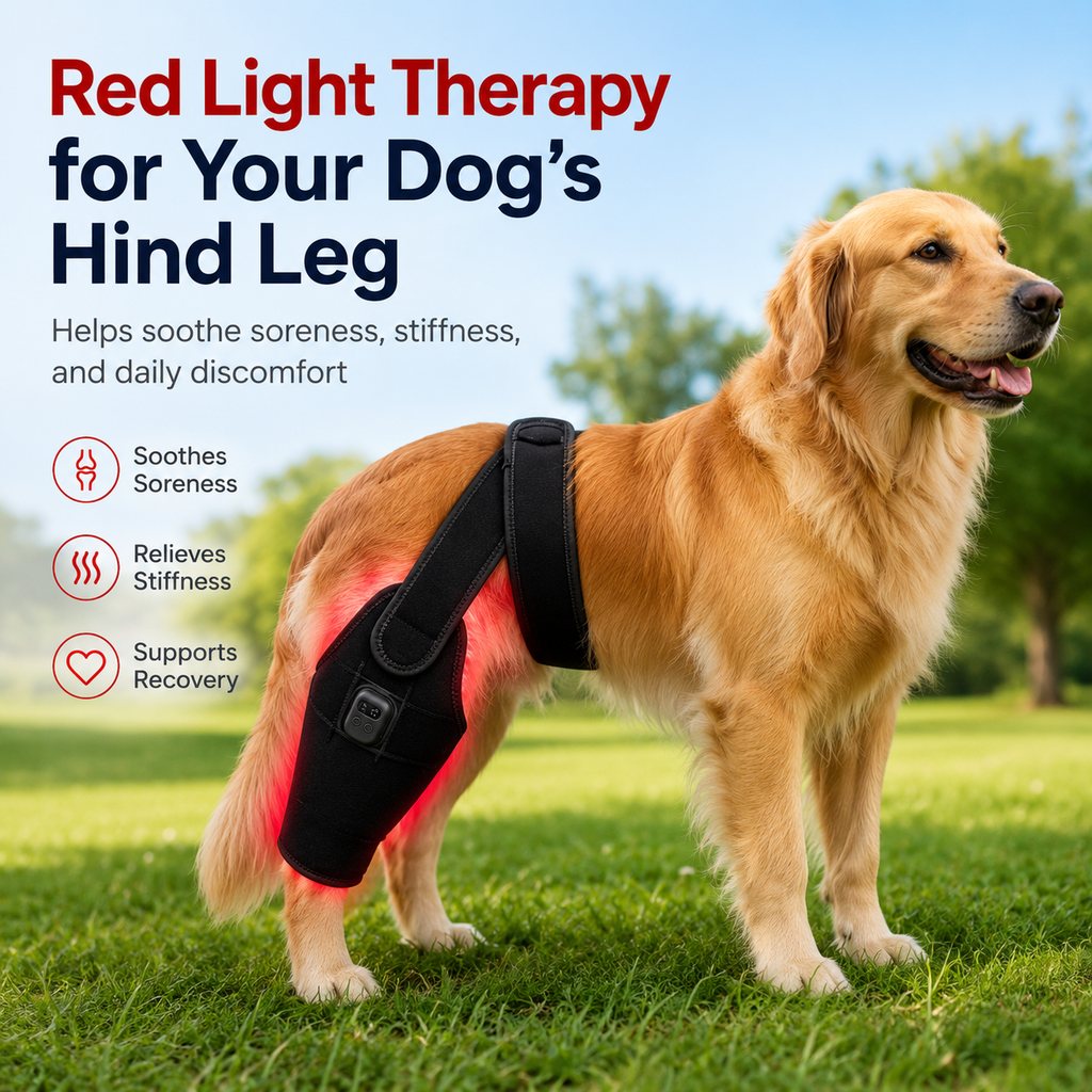 Ortekor Red light therapy leg brace for dogs, suitable for senior and active dogs, provides comfort and support for hind legs during activity.