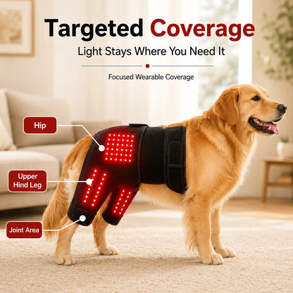 Ortekor Wearable red light therapy sleeve for dogs, used for home care of the lower back and hind legs/hips.