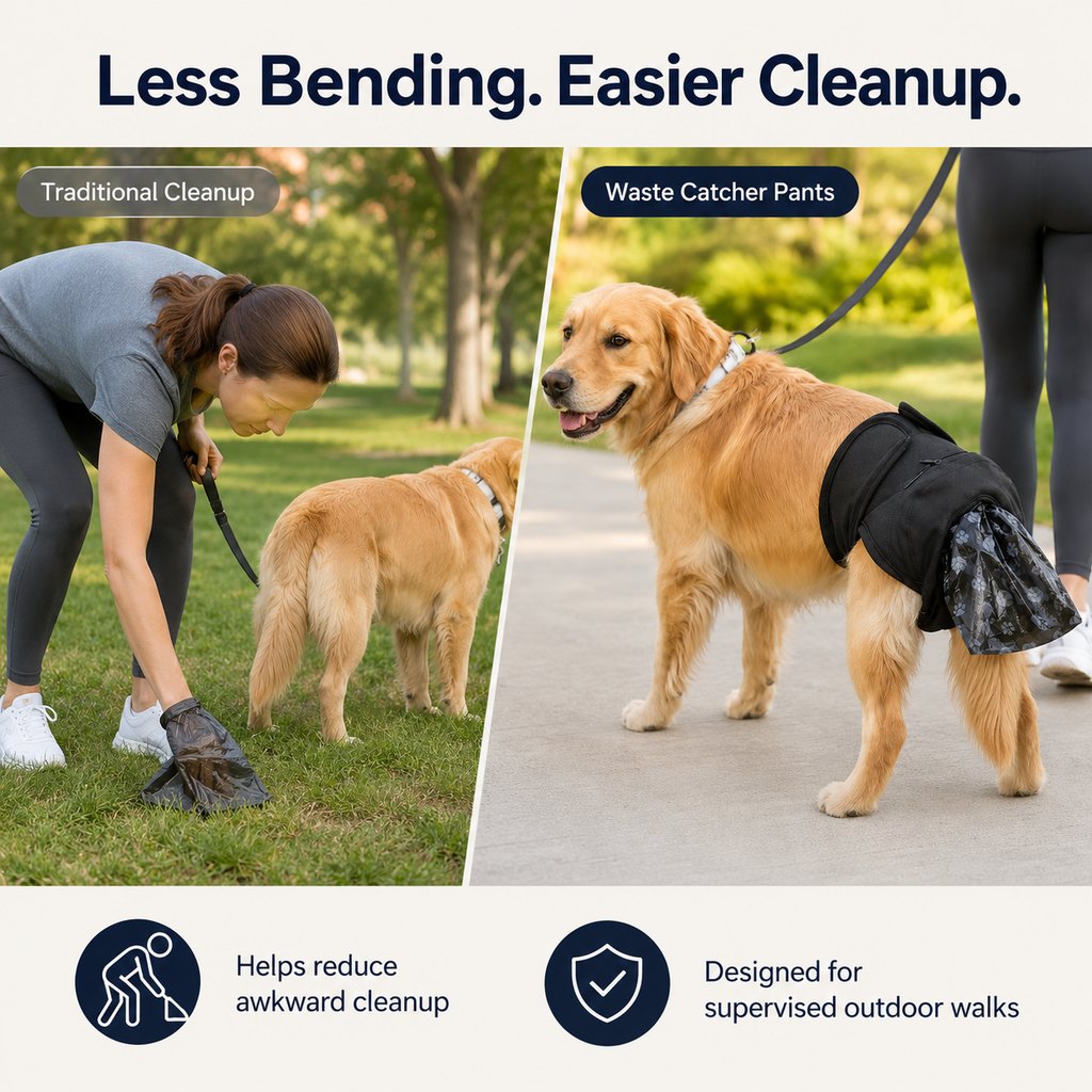 Ortekor Dog Waste Catcher Pants with 50 Bags for Daily Walks - Less Bending, Easier Poop Cleanup