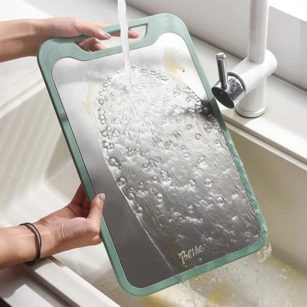 Reversible Steel & Plastic Prep Board with Juice Groove and Garlic Press for Kitchen Meat Vegetables Fruit Countertop Cooking