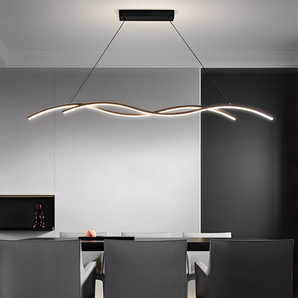 Curved LED Overhead Fixture 59 in Black Aluminum Wave Design Adjustable Height Remote Dimming Kitchen Island Dining Table Suspension Lamp Co