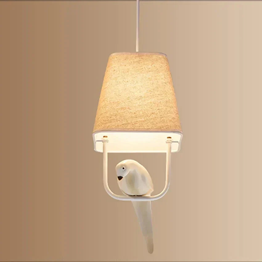 Fabric Drum Shade Hanging Light Fixture with Bird Ornament E27 Socket Beige Ceiling Lamp for Dining Kitchen Living Room Bedroom Ambient Over