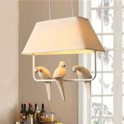 Fabric Drum Shade Hanging Light Fixture with Bird Ornament E27 Socket Beige Ceiling Lamp for Dining Kitchen Living Room Bedroom Ambient Over