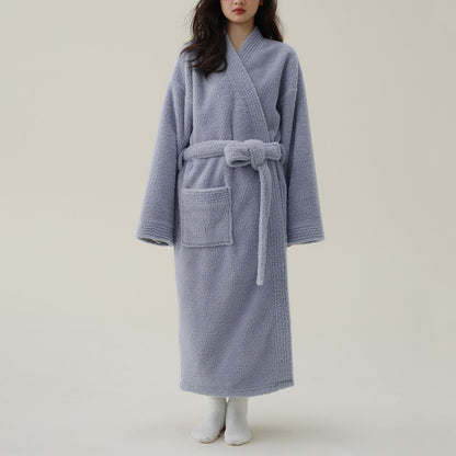 Women's Plush Fleece Robe – Long Kimono Style Bathrobe for Winter Warmth & Relaxation at Home