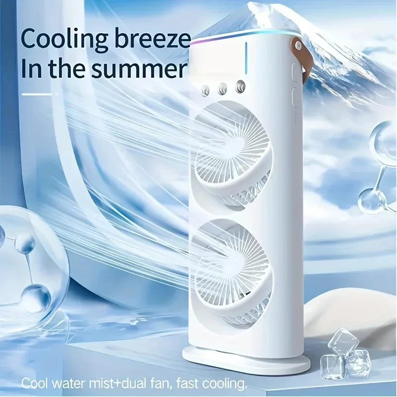 Portable Air Conditioner Fan | Dual Head Design with Mist Spray | USB Rechargeable for Personal Comfort