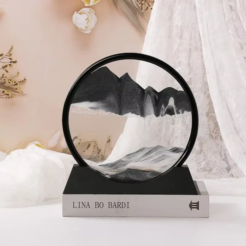 Moving Sand Art Glass Display Rotating Desktop Sculpture Stress Relief Decor for Home Office Meditation Mindfulness Gift